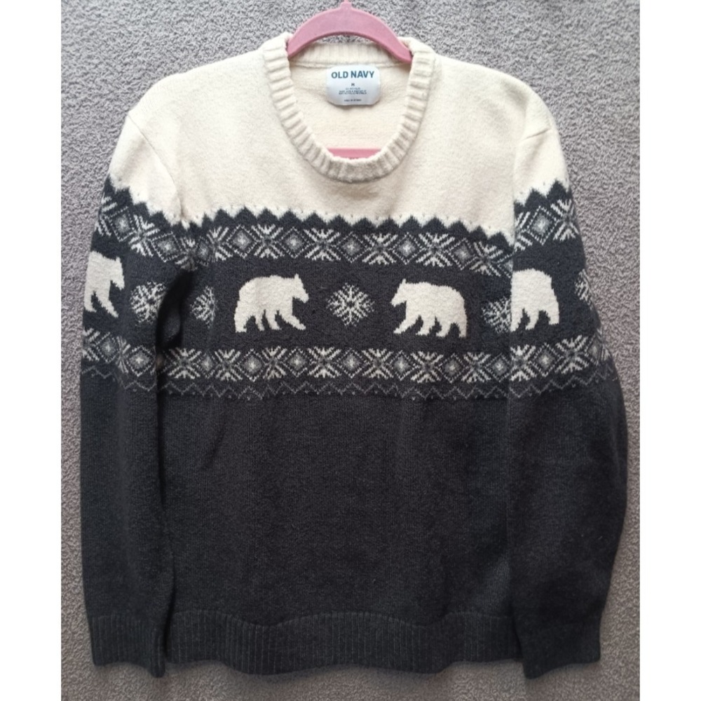Nordic Fair Isle Bear Sweater Womens M Black Cream Winter Lodge Cabin Knit Pullo